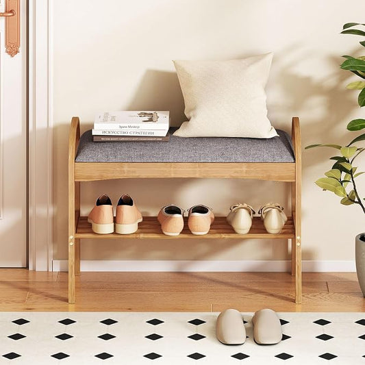 Giantex Shoe Rack Bench, Bamboo 2-Tier Entryway Bench with Padded Cushion, Shoe Storage Bench for Hallway, Closet, Foyer, Living Room, Bedroom, Mudroom