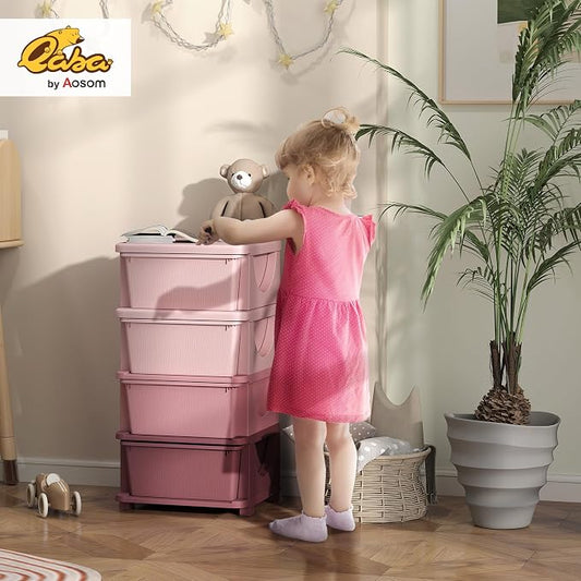 Qaba 4 Tier Kids Storage Unit, Toy Organizers and Storage with 4 Drawer Chest for Kids Bedroom Nursery Kindergarten Living Room for Boys Girls Toddlers, Pink