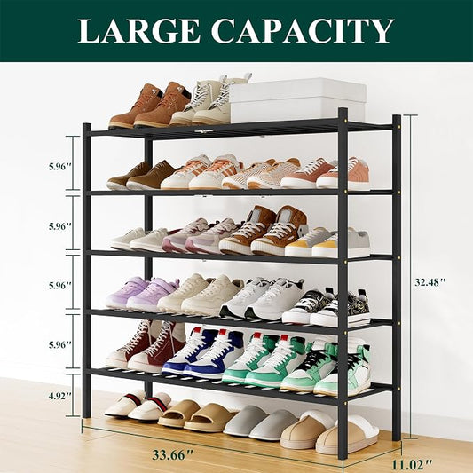 Smiry Long Bamboo Shoe Rack, 5 Tier Free Standing Wooden Shoe Organizer, Stackable Wood Shoe Storage Shelf for Closet, Entryway, 12 Vertical Slats, 2+2+1 Stack Standard Legs, 33.7"x11"x32.5", Black