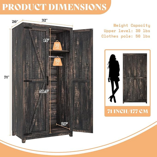 AMERLIFE Farmhouse Armoire Wardrobe Closet with 2 Barn Doors, 71'' Storage Cabinet with Hanging Rod & Shelf, Versatile Clothing Storage for Bedroom, Black Oak