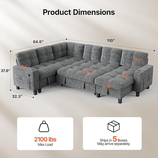 AMADA HOMEFURNISHING 110″ Modular Sectional Sleeper Sofa with Pull Out Couch, U Shaped 7 Seat Sectional Sofa with Storage, USB Ports & Cup Holders, Chenille Cloud Couches for Living Room, Light Gray