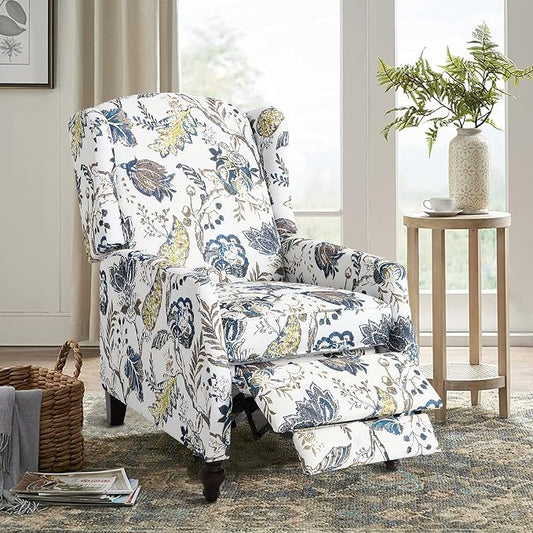 Upholstered Wingback Recliner Chair - Traditional Push Back Recliner Chair with Padded Seat, Fabric Floral Recliner Chair, Wingback Chair Small Recliners for Small Spaces