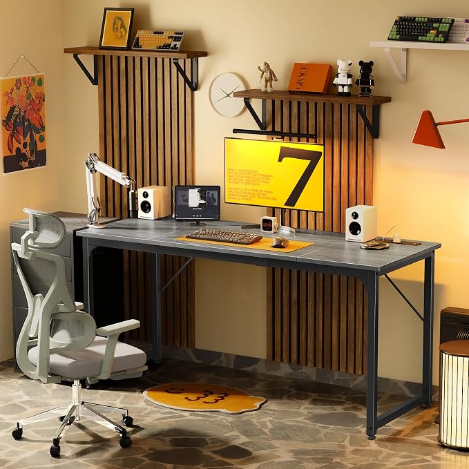 PRAISUN 63 X 24 Inch Office Computer Desk with Power Outlets and USB-C Port, Larger and Longer Gaming Desk, for Home Office, Study, Writing Work from Home Table, Metal Frame, Grey