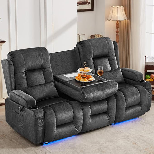 URRED Power Loveseat Recliner Sofa with Massage and Heat, Wall Hugger Reclining Loveseat with Console, RV Couch Home Theater Seating with LED Lights for Living Room (Brown, 76.8" - 3 Seats)