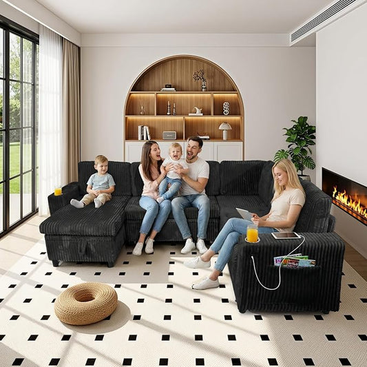 Sectional Sleeper Sofa with Pull Out Bed, 7-Seat L-Shaped, Black | Modular cloud couch with plush corduroy, hidden storage, USB charging, cup holders – Perfect for family movie nights
