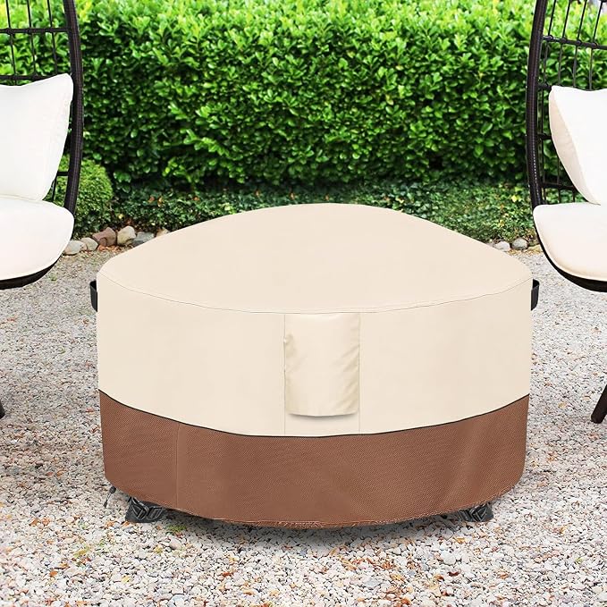 Fire Pit Cover,Outdoor Heavy Duty 600D 100% Waterproof Fire Pit Cover Round,Weatherproof Firepit Covers Round 38" Dia x 24" H,Beige & Brown
