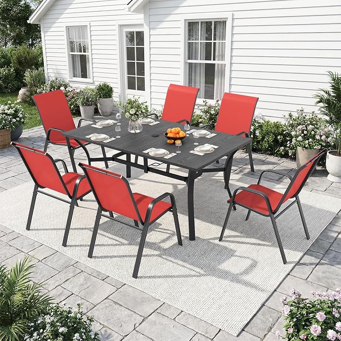 Outdoor Dining Set for 4,5pcs Patio Table and Chairs Set with Adjustable Umbrella Hole,37.8”x37.8” Square Metal Outdoor Table and Stackable Patio Chair for Yard, Garden, Porch