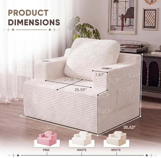 Homall 42” Single Sofa Foam Couch for Small Spaces Upholstered Floor Sofa with Cup Holder & Storage Pocket Boneless Couch for Bedroom Living Room (White, Single)