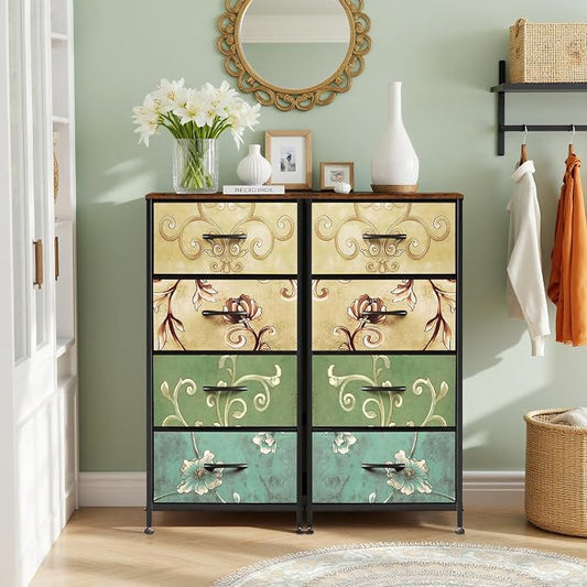 4 Drawers Dresser for Bedroom, Fabric Storage Tower Organizer with Wooden Top and Steel Frame, Tall Chest of Drawers for Closet, Entryway, Dorm, Floral Painted