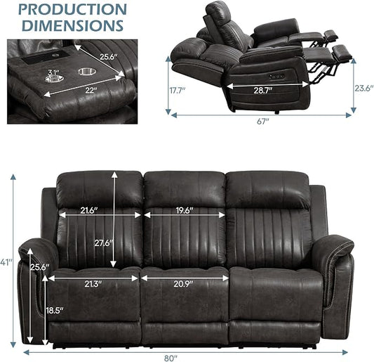 Power Zero Gravity Reclining Sofa with Adjustable Headrest, Electric Reclining Couch with Drop Down Table, Power Recliner Sofa 3-Seater for Living Room (Badlands Charcoal-Sofa)