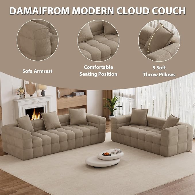 Chenille Cloud Sofa Couch Set with 5 Soft Pillows,Comfy Upholstered Chenille LoveSeat Sofa Set,Modern Deep Seat Sherpa Cloud Couch, Oversized Love Seat for Living Room,Light Brown