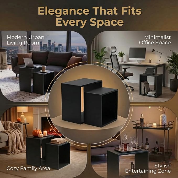 Relso Cascade Nesting Tables Set of 2 - Solid Wood with Smooth Rounded Edges for Stylish Living Room, Bedroom Or Outdoor Use - Space-Saving Design, Natural Grain, Long-Lasting, Black Finish