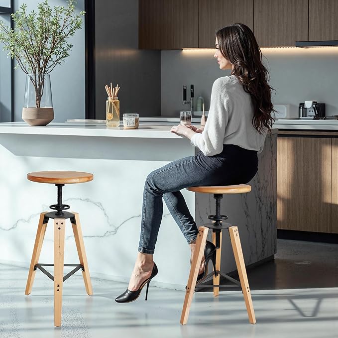 LOKKHAN Adjustable Height Swivel Bar Stool - Industrial Rustic Style, Solid Oak Wood Seat and Frame, 24.8"-28.7", Natural Finish, Anti-Slip Pads - Perfect for Kitchen, Bar, Counter, Home - Heavy Duty