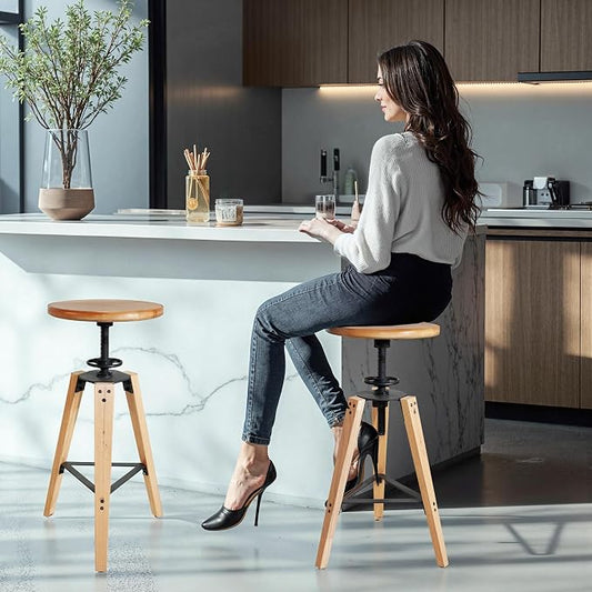2-Piece Adjustable Height Swivel Bar Stool - Industrial Rustic Style, Solid Oak Wood Seat and Frame, 24.8"-28.7", Natural Finish, Anti-Slip Pads - Perfect for Kitchen, Bar, Counter, Home - Heavy Duty