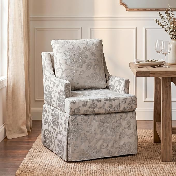 UVV Upholstered Dining Chairs, Modern Jacquard Kitchen Chair Dining Room Chair with 4 Casters, Linen Armchair for Bedroom Reading Room Living Room, Silvery White