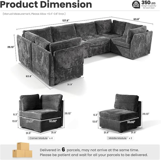 ovios Modular Sectional Sofa Couch with U-Shape Chaises Convertible, Comfy Plush Corduroy Cloud Couches, Modern Luxury Deep Seat Sofas Set for Living Room, 6-Seater, Grey