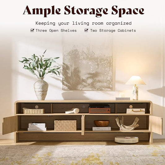 AMERLIFE 70" Modern TV Stand for TVs Up to 80", Wood TV Console with Curved Profile Design & 2 Storage Cabinets, Media Console Entertainment Center for Living Room, Natural Oak