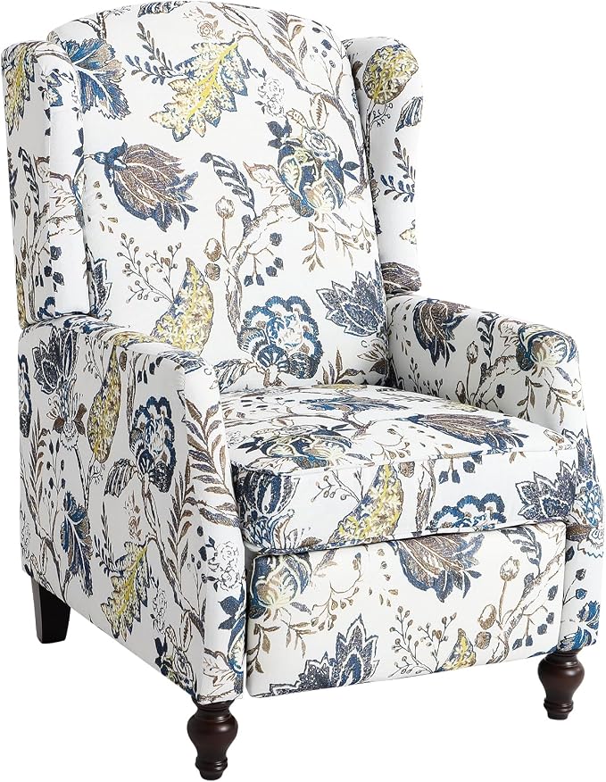 Upholstered Wingback Recliner Chair, Mid Century Modern Manual Push Back Recliner for Living Room, Bedroom (1, Blue & White Floral)