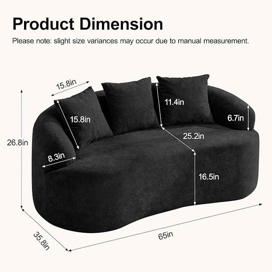 65" Boneless Curved Loveseat Sofa, Deep Seat Love Seat Couches, Modern 2 Seater Curved Couch with 3 Throw Pillows, Compressed Floor Sofa for Living Room Small Spaces, No Assembly, Black