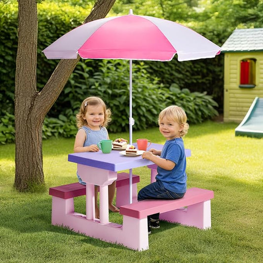 JOYMOR Kids Picnic Table with Removable Umbrella, Plastic Kids Activity Table for Outdoors, Toddler Table and Bench Set for Ages 3+, Ideal for Garden, Patio, Pink & Purple