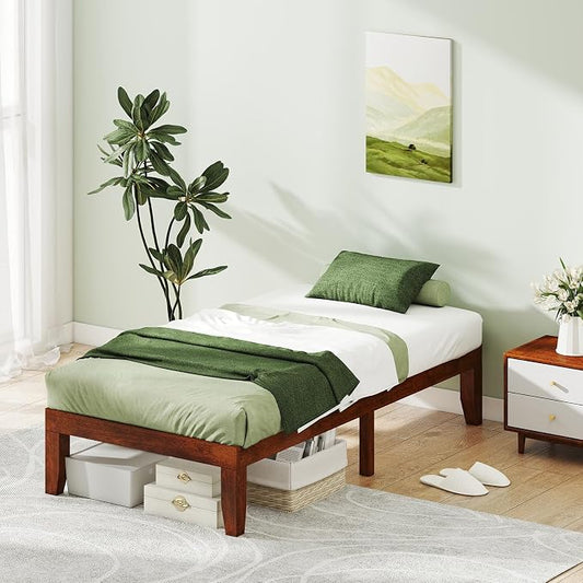 KOMFOTT 14 Inches Wood Platform Bed Frame Twin Size, Wooden Mattress Foundation with Rubber Wood Frame, Strong Wooden Slat Support, No Box Spring Needed, Bed Frame (Brown Cherry)