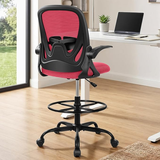 Primy Drafting Chair Tall Office Chair with Flip-up Armrests Executive Ergonomic Computer Standing Desk Chair with Lumbar Support and Adjustable Footrest Ring (Fire Brick)