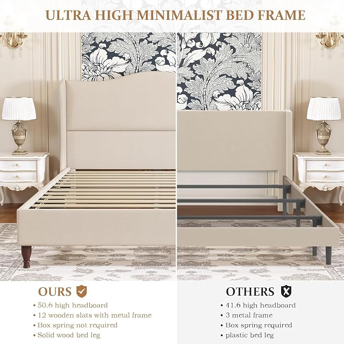 koorlian Queen Size Bed Frame Upholstered Platform Bed with 51" Tall Headboard Wingback, Soft Fabric, Retro Simple Style Platform Bed No Box Spring Needed, Easy Assembly, Beige