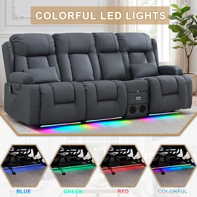 URRED Power Loveseat Recliner Sofa with Massage and Heat, Wall Hugger Reclining Loveseat with Console, RV Couch Home Theater Seating with LED Lights for Living Room (Blue Grey, 89.8" - 3 Seats)