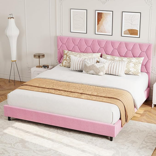 GarveeHome California King Bed Frame with Adjustable Headboard, Modern Linen Upholstered Platform Bed Frame with Wood Slats Support, No Box Spring Needed, Easy Assembly for Bedroom Apartment, Pink