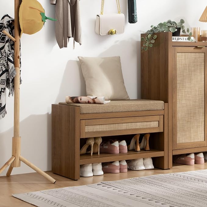 SICOTAS Rattan Shoe Bench Entryway Bench with Storage Drawer and Linen Seat Cushion, Farmhouse Boho Shoe Rack with Shelf, Wooden Storage Bench for Entryway Hallway and Bedroom, Caramel Oak, 2PCS