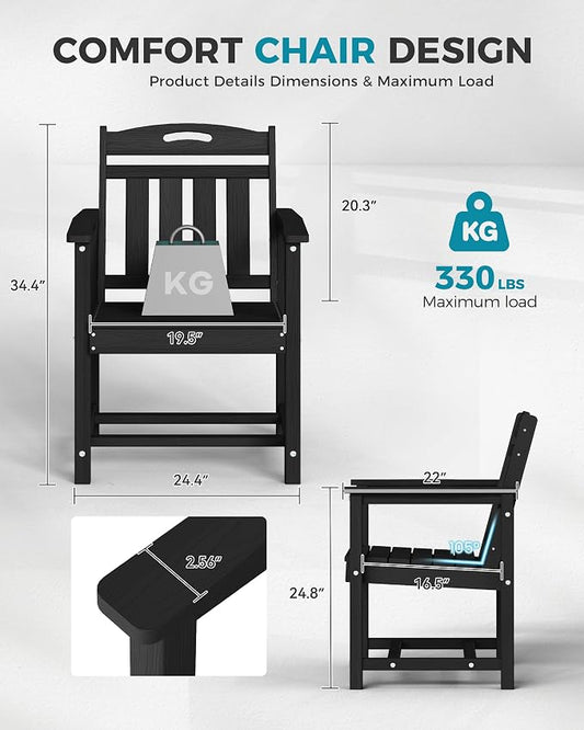 Ciokea HDPE Outdoor Patio Dining Chairs Set of 2, All-Weather Porch Chair with Wide Seat, Durable Outdoor Furniture for Backyard, Garden, Lawn & Poolside, Black
