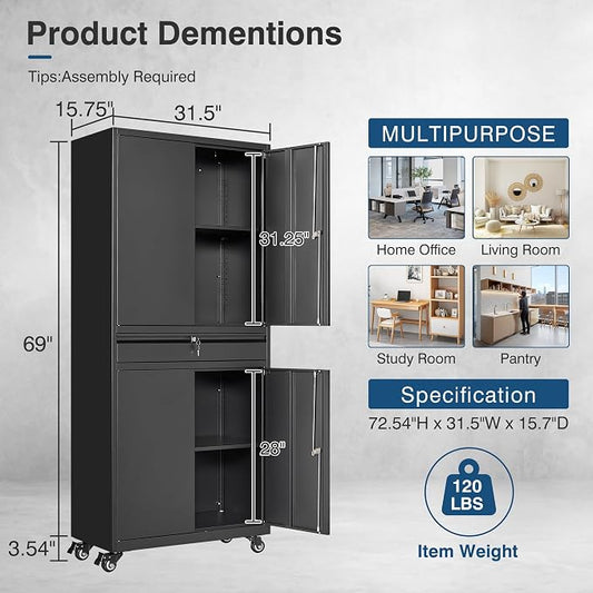 Black Metal Storage Cabinet with Wheels, 73" Tall Garage Rolling Storage Cabinets with Doors and Shelves, Lockable Tool Caninet Steel Locking Cabnets for Home Office, Garage, Pantry