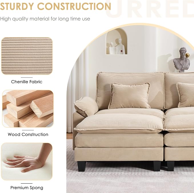 122" Corduroy Modular Sectional Sofa, Convertible U Shaped Modular Sofa Comfy Cloud Couch with Ottoman, Side Pockets and 3 Throw Pillows for Living Room, Kahki, 5 Seats