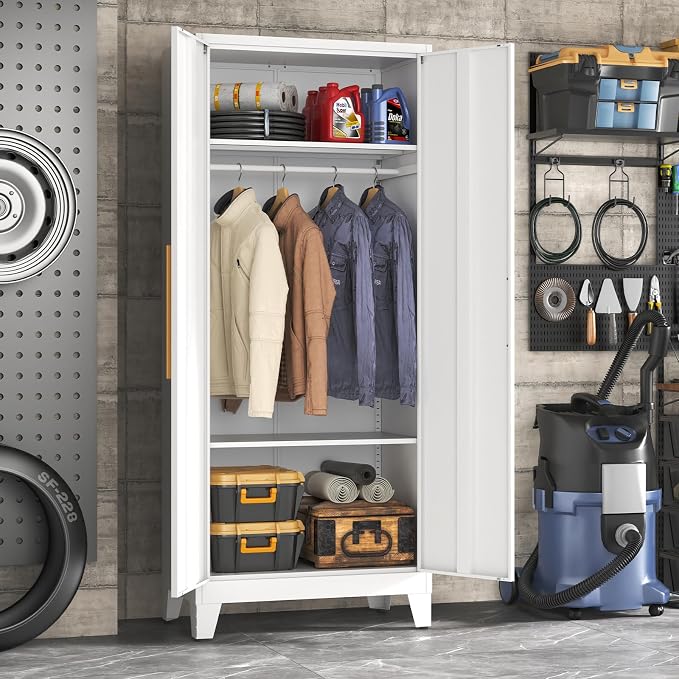 72" Tall Metal Armoire Wardrobe Closet - Large Clothing Storage Cabinet with 1 Hanging Rod,2 Adjustable Shelves & 2 Doors - Closet Organizer for Bedroom,Office, Laundry Room, Garage - White