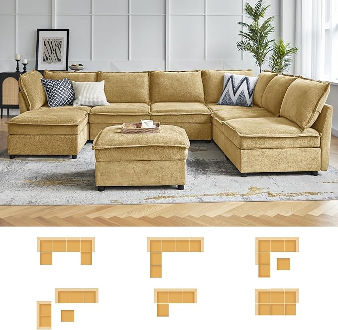HULALA HOME 97'' Modular Sectional Sofa, L Shaped Couch with Storage Ottoman, Comfy Chenille Sofa with Deep Seat, 4 Seat Convertible Sectional Couches for Living Room, Cream