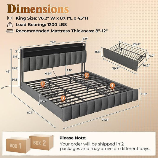 PRAISUN Bed Frame King Size with Upholstered Headboard & Charging Station, King Bed Frame with 4 Storage Drawers, 2-Tier Open Shelves, No Box Spring Needed, Slient Foam Strip, Easy Assembly, Grey