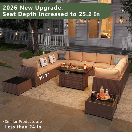 Aoxun 15 Piece Patio Furniture Set with 44” Fire Pit Table, Wicker Rattan Patio Sectional Sofa, Outdoor Furniture Set with Thickened Cushion, Brown