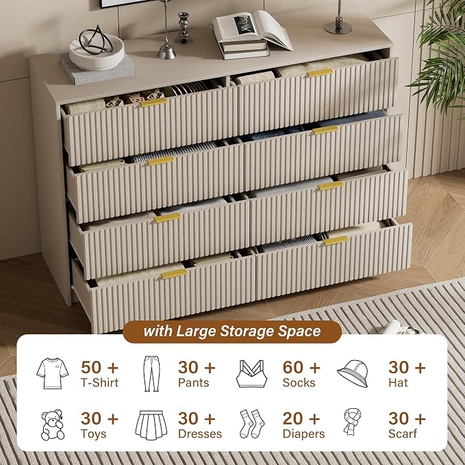 Furniway Beige Dresser Bedroom Set 3 Pieces, Nightstands Sets of 2, 8 Drawer Dresser with Gold Handles for Bedroom