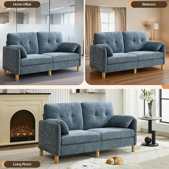 WUTUTUEE 65" Chenille Loveseat Sofa, Modern 2-Seater Love Seat Couch with Armrest Pillows, Storage Pockets, Easy Assembly, Upholstered Tufted Loveseat Couches for Living Room Bedroom, Blue