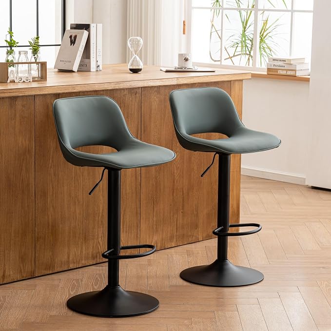 YOUNIKE Bar Stools Set of 2 Modern Swivel Barstools, Adjustable Counter Height Bar Stools Faux Leather Upholstered Counter Stools with Hollow Back for Kitchen Island, Greyish Green