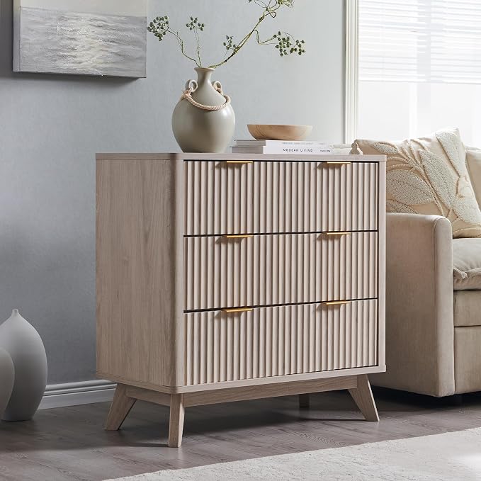 T4TREAM Fluted 3 Drawers Nightstand Set of 2, Oversized Extra Large Modern Side Table, End Table Bedside for Bedroom, Living Room, Curved Profile Design, White Alder