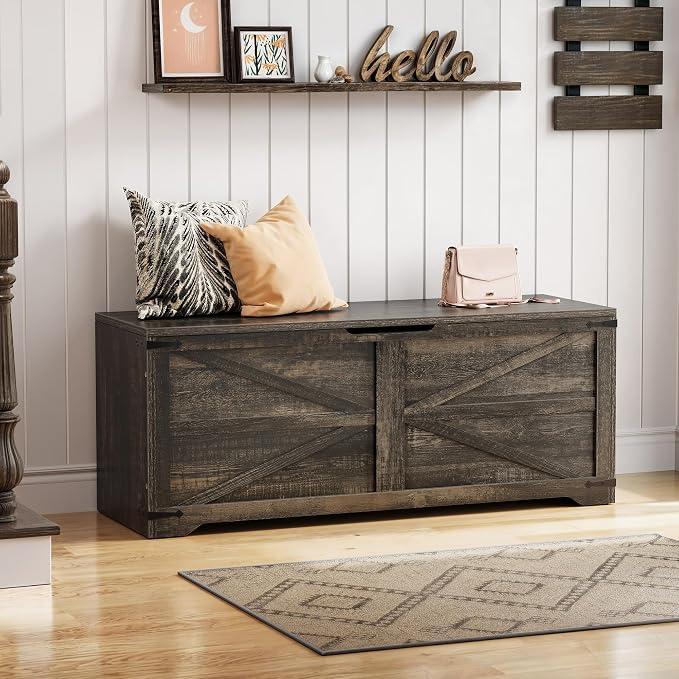 DWVO Storage Bench, 47.2" Farmhouse Storage Chest with 2 Safety Hinges, Wooden Storage Organizer, Shoe Bench for Entryway, Bedroom, Living Room, Dark Rustic Oak