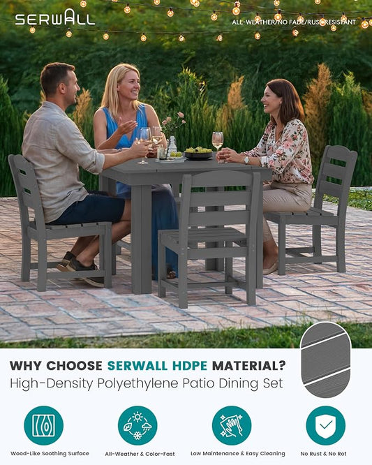SERWALL Outdoor Dining Set for 4, HDPE Square Table and Chairs Set All Weather Patio Dining Set with 4 Armless Chairs for Patio, Gray