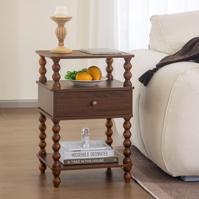 AWASEN Mid Century Modern Nightstand, Bedside Table with Storage, 3-Tier Small Night Stand End Table with Drawer for Bedroom &Solid Wood Spindle Legs, Walnut Brown