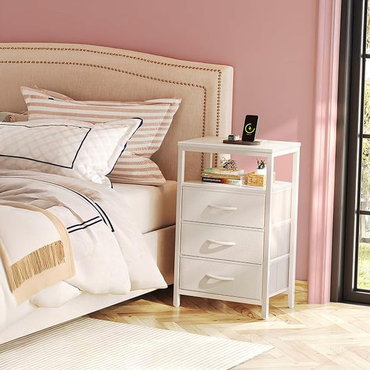 Huuger Nightstand with Charging Station, 27.6 Inch Side Table with Drawers, PU Leather Finish, End Table Bedside Table with USB Ports and Outlets, Night Stand for Bedroom, White