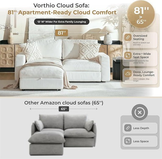 Cloud Couch Sectional 81.1'' Oversized Modular Deep Seat Sofa L Shaped Comfy White Cloud Couch with Washable Cover for Living Room Loveseat with Ottoman