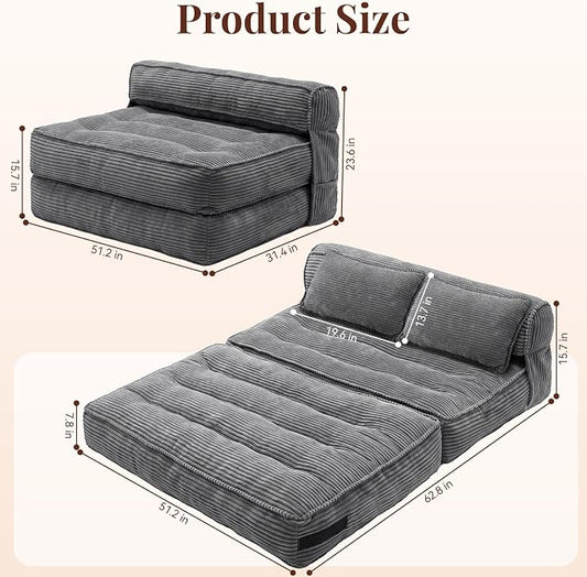 Folding Sofa Bed, Convertible Sleeper Chair with Pillow Foldable Mattress with Back Support, Portable Fold Out Chair Bed Comfy Floor Couch Lounge for Living Room Bedroom Apartment Single