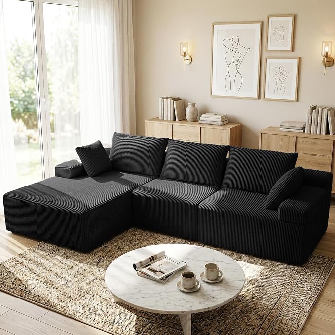 kinmars 108" Boneless Sectional Couch,Corduroy Cloud Couch Sectional for Living Room,Modern L Shaped Modular Sectional Couch,3 Seater Sofa (Black, 108.9" L Shaped with Left Facing Chaise)