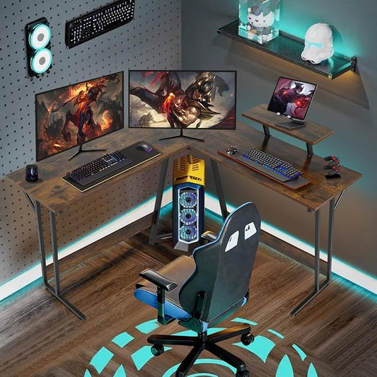 51 Inch L Shaped Gaming Desk Corner Computer Desk with Detachable Monitor Stand for Home Office Learning Gaming Workstation,Brown