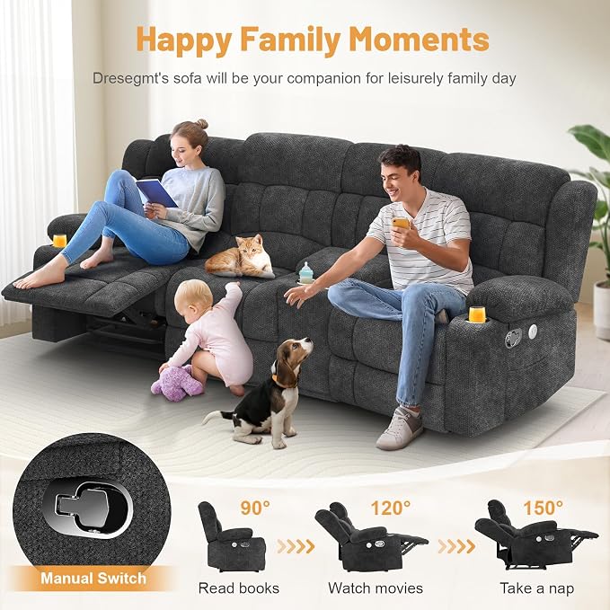 Dresegmt Recliner Sofa Set with Storage Console, Flip Middle Backrest Design 3 Seater Reclining Sofa and 2PC Single Recliner Chair, Manual Couches for Living Room (Gray, 3 Seat+Console+1+1)